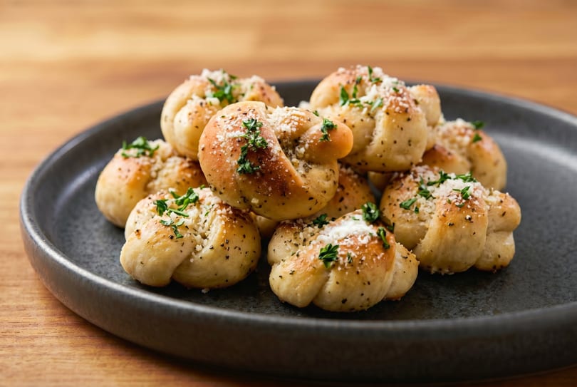 A dark plate filled with golden-brown garlic knots, sprinkled with parmesan cheese and fresh parsley.