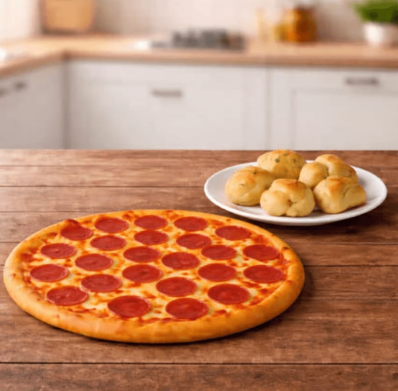 Pepperoni pizza and garlic knots on a wooden table in a kitchen setting.