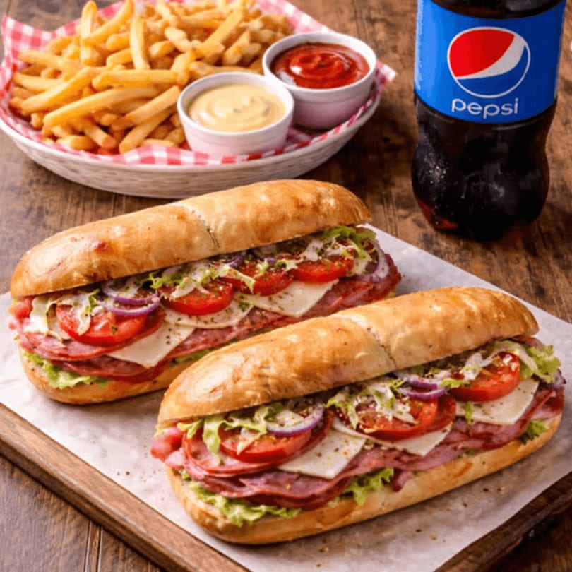 Two deli subs with fries, ketchup, mustard, and a Pepsi bottle on a wooden table.