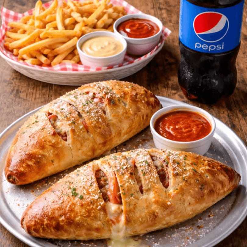 Two golden-brown calzones with melted cheese, fries, ketchup, mustard, and a Pepsi bottle.