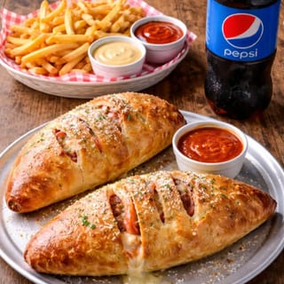 Two Calzones with Two Toppings, French Fries & 2 Liter Soda