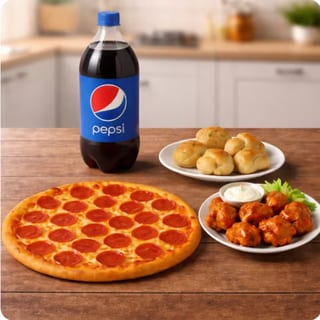 18" One Topping Pizza, 10 Pieces of Wings, Order of Garlic Knots & 2 Liter of Soda