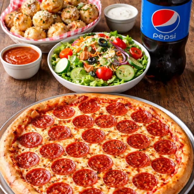 One 18'' Pizza with One Topping, Salad, Garlic Knots & 2 Liter Soda.