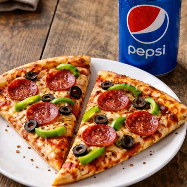 Two Pizza Slices with Three Toppings Each & Soft Drink Lunch.