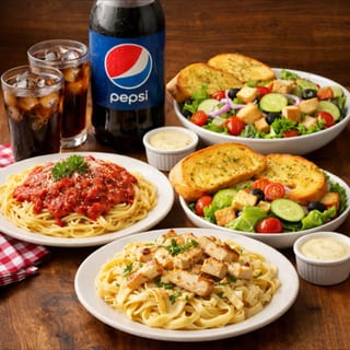 Two Pasta Dinners with Side Salad, Garlic Bread & 2 Liter Soda