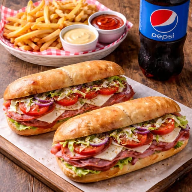 Any Two Subs, Fries & 2 Liter Soda.