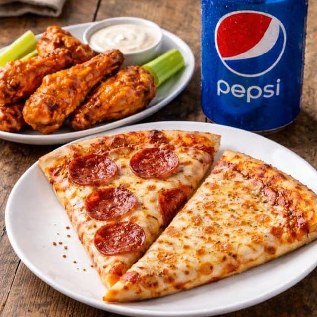 Cheese Pizza Slice, 6 Wings & Soft Drink Lunch.